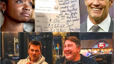 Black Waitress Serves Tom Brady, Saw Note on Check, and Burst into Tears. After a meal at a restaurant , Tom Brady was moved by the exceptional service of a black waitress, and then he left a note that brought tears to her eyes.