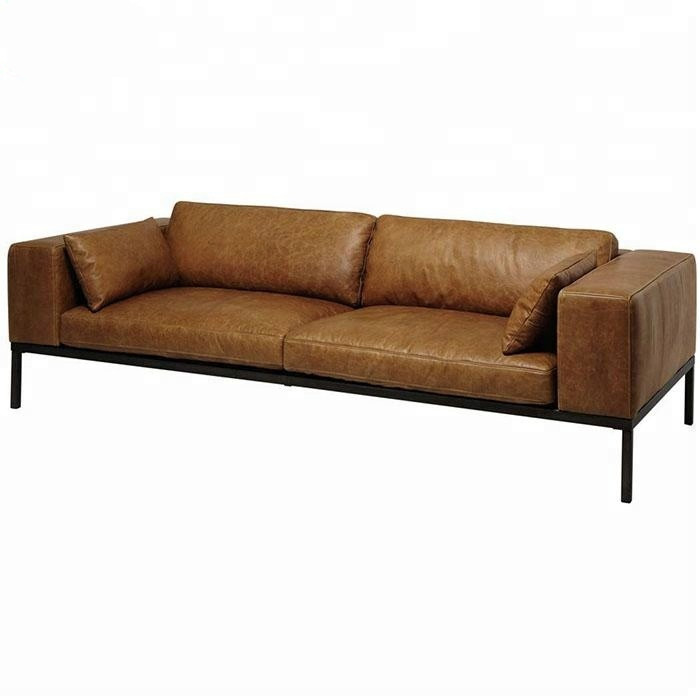 Modern Living Room Upholstery Couch Vintage Wooden Leather Sofa