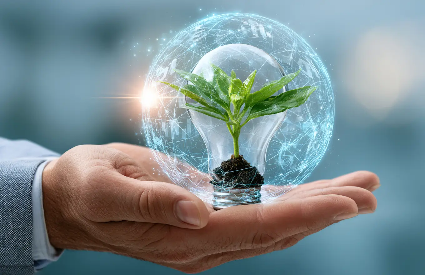 A hand holding a light bulb with a plant inside