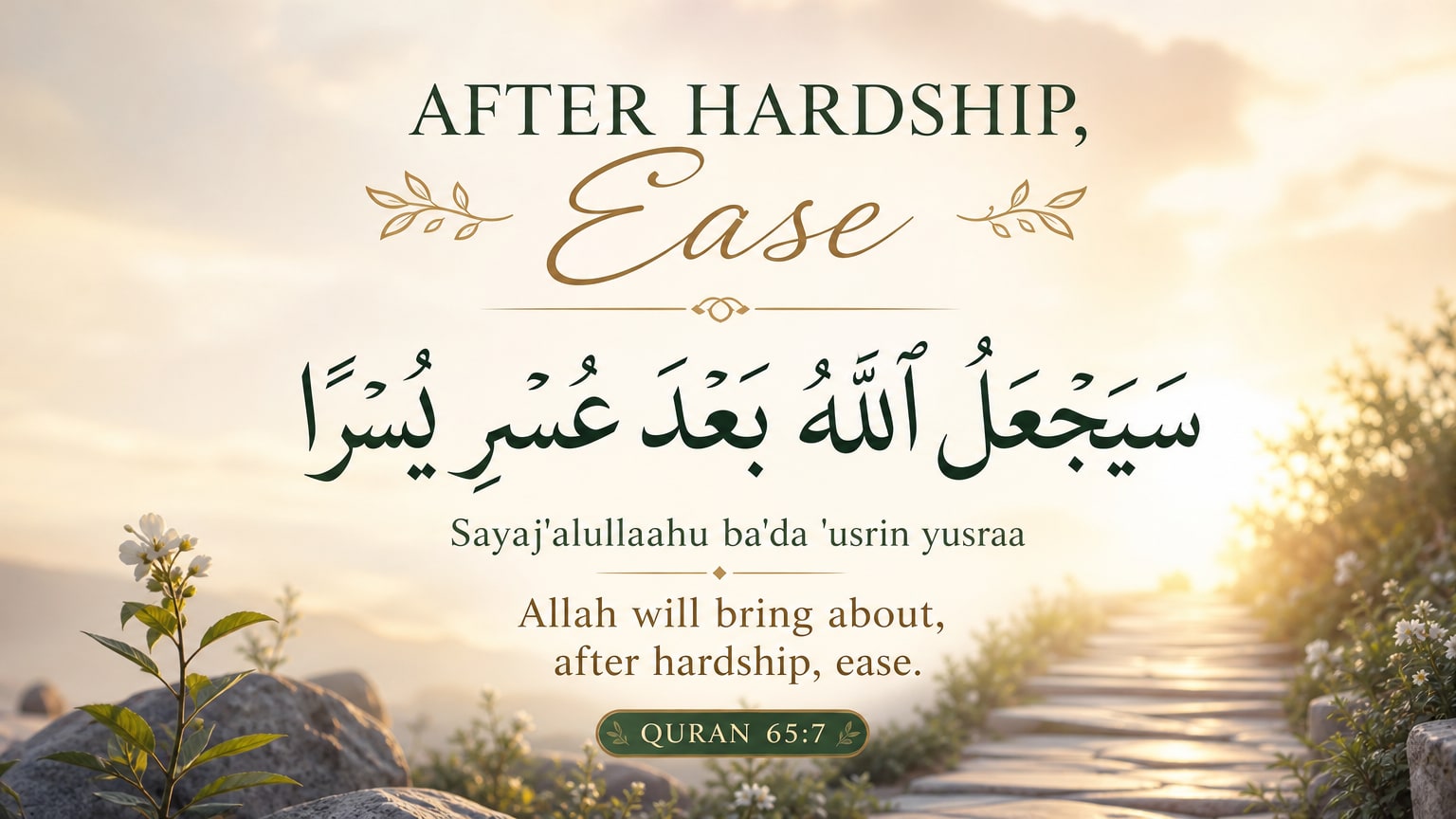 “Sayaj'alullaahu ba'da 'usrin yusraa” (Allah will bring about, after hardship, ease).

Can you create an image with original Arabic text, transliterat