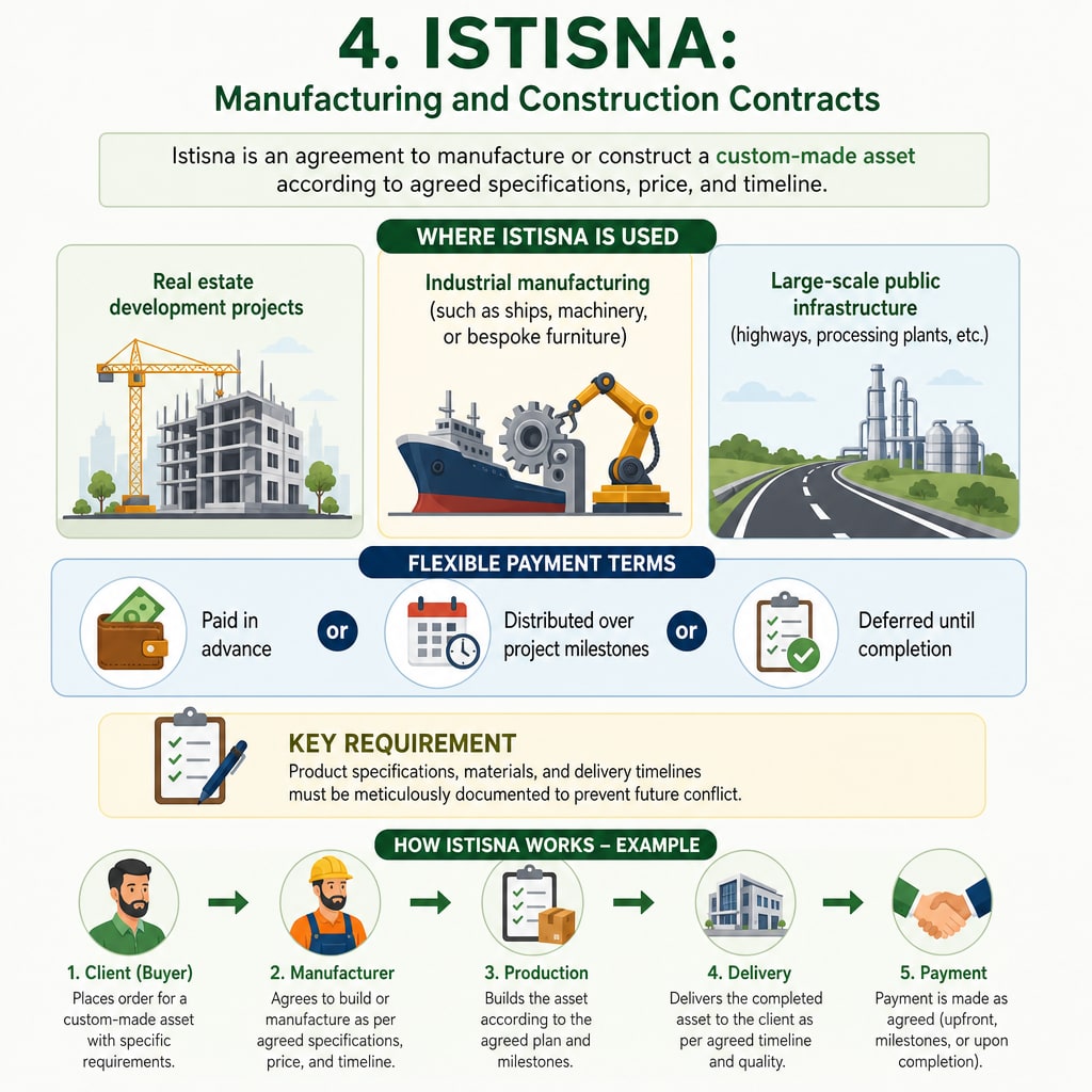 4. Istisna: Manufacturing and Construction Contracts

Unlike Salam, which requires standardized, fungible commodities and 100% advance payment, Istisn