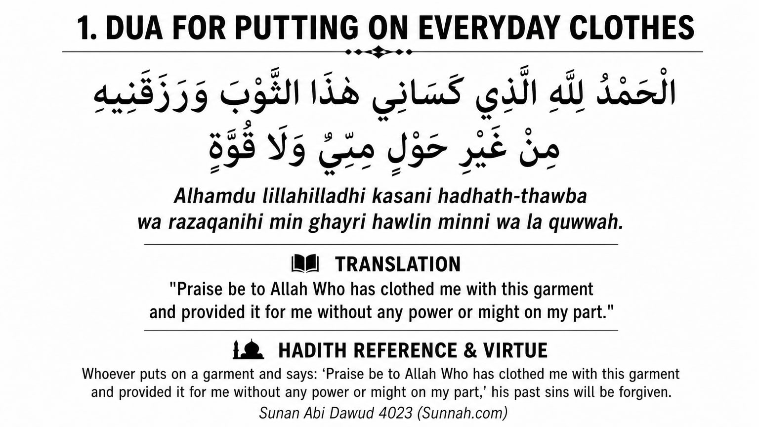 1. Dua for Putting on Everyday Clothes

Whenever you dress in your daily routine—whether putting on a simple shirt, pants, or a thobe—there is an auth