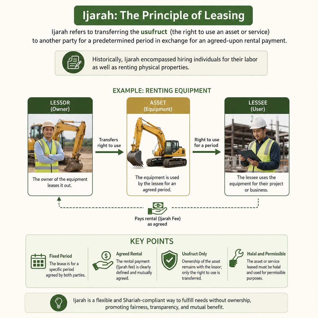 1. Ijarah: The Principle of Leasing

Ijarah refers to transferring the usufruct (the right to use an asset or service) to another party for a predeter