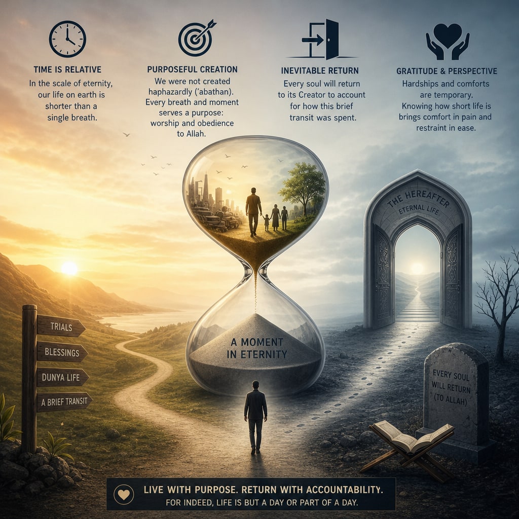 Key Lessons from the Verses





Time is Relative: Compared to eternity (Akhirah), our entire life on earth is shorter than a single breath.



Purpos