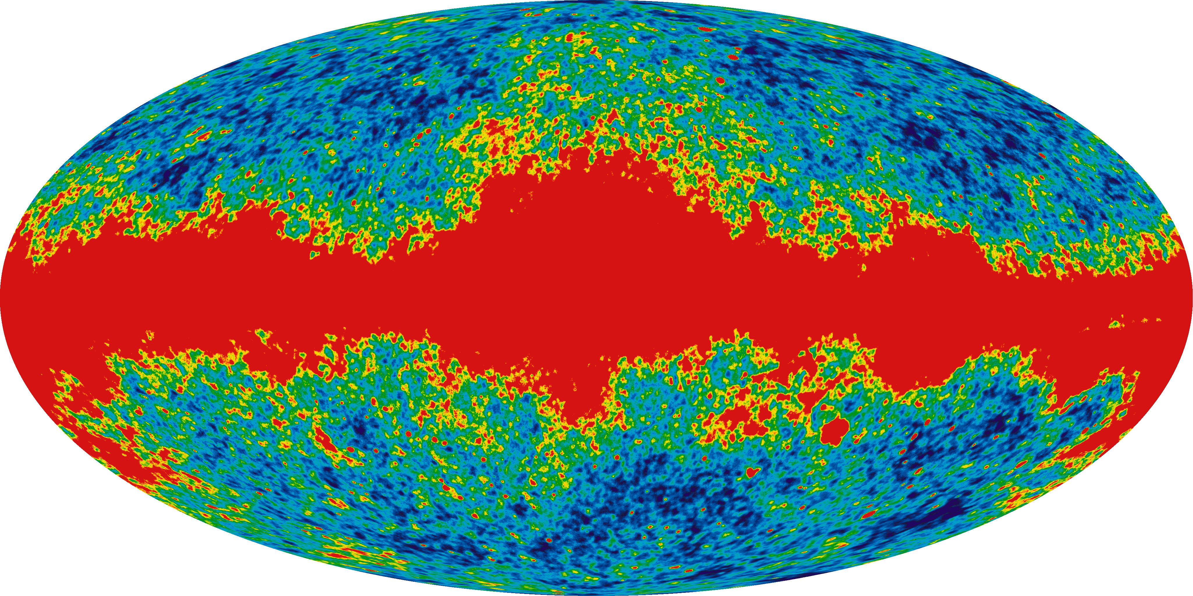 Image: The images below represent full-sky maps of the cosmic microwave background anisotropy and foreground signal from our galaxy (in red).