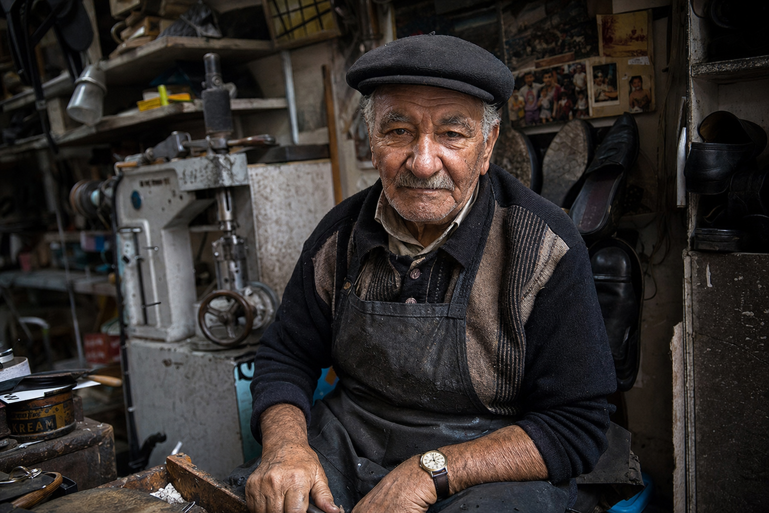 candid street portrait of an elderly craftsman in his workshop, natural light, documentary photography style