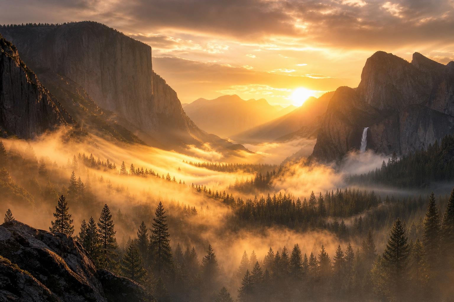 misty mountain valley at sunrise, layers of fog rolling through pine forest, cinematic wide shot, warm gold light