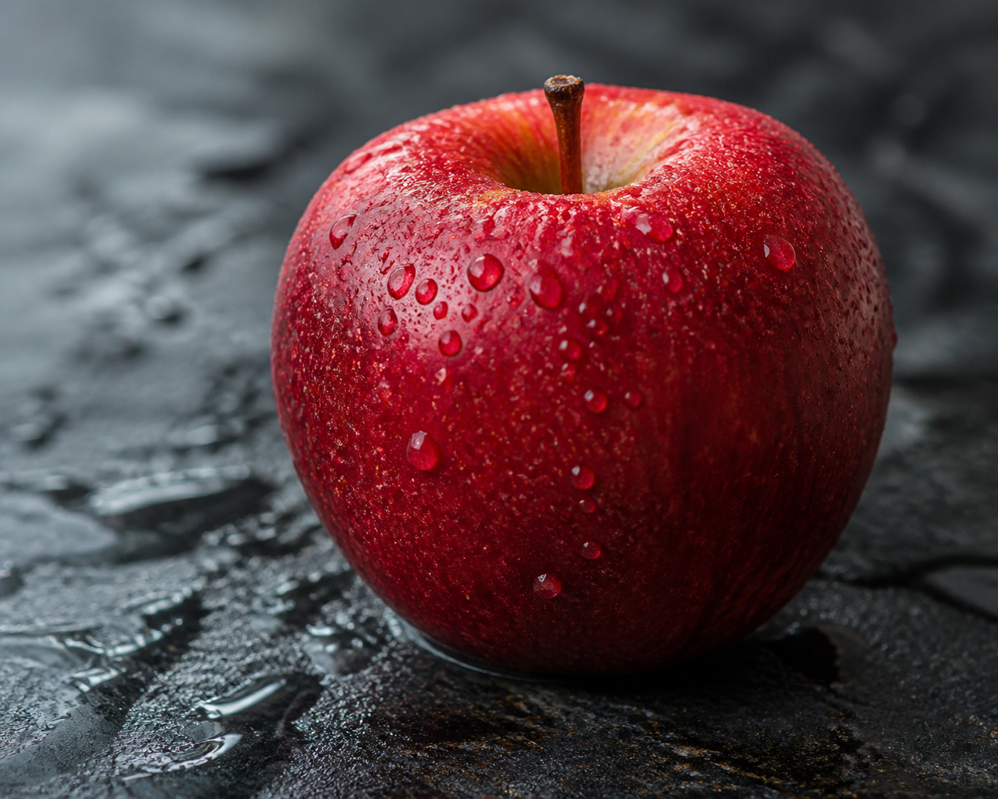 a single red apple on a wet stone surface, water droplets, macro studio photography, shallow depth of field