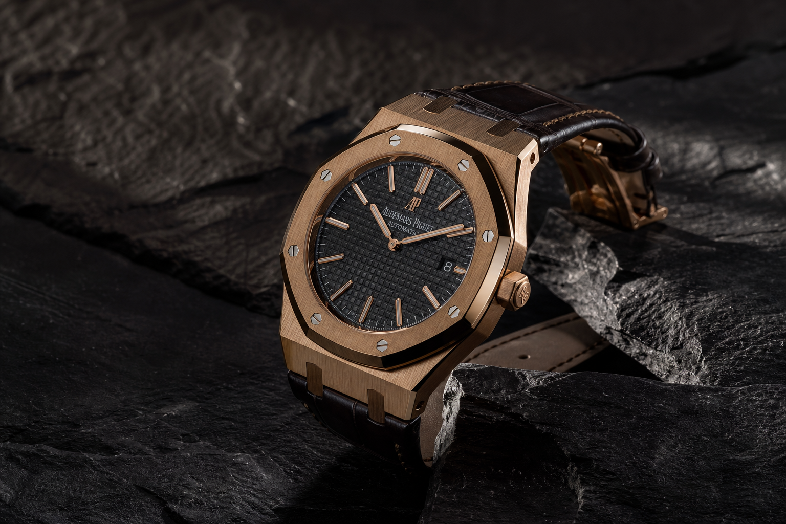 luxury watch on dark slate, dramatic side lighting, premium advertising photography