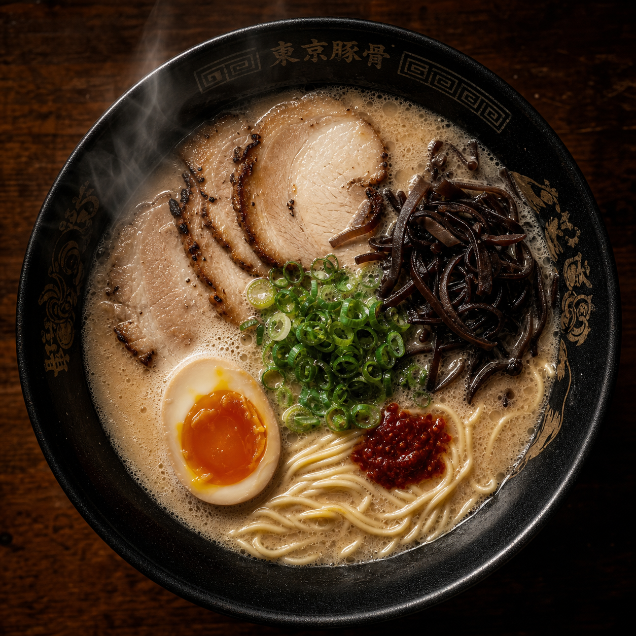 a bowl of ramen photographed from above, steam rising, rich tonkotsu broth, moody restaurant lighting