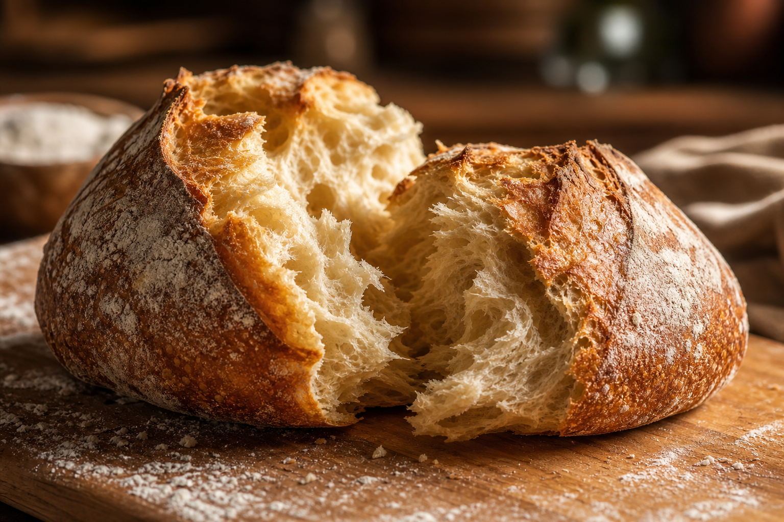 fresh sourdough bread torn open on a wooden board, flour dust, warm bakery light, food photography