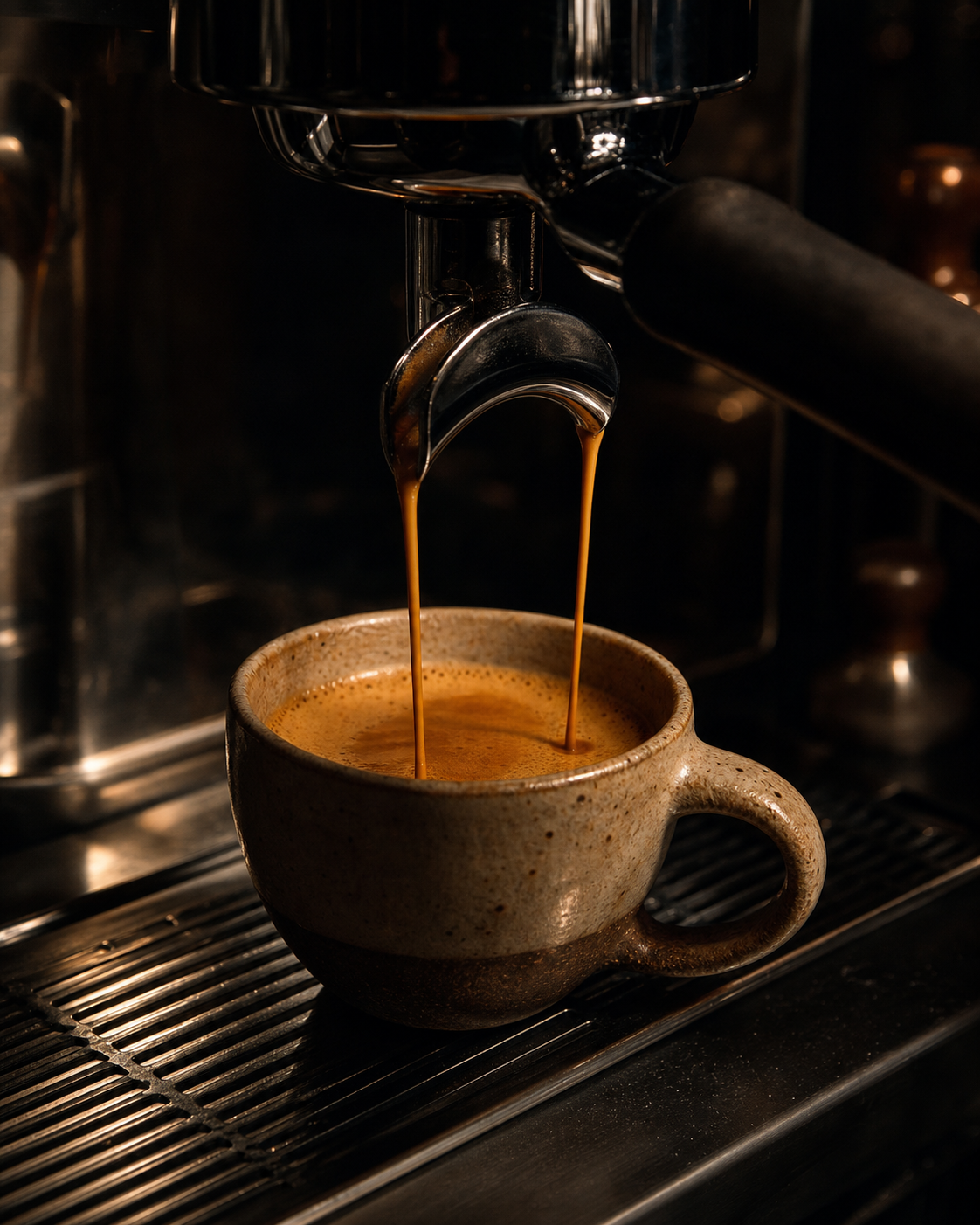 an espresso being pulled into a ceramic cup, golden crema, dark moody coffee bar background