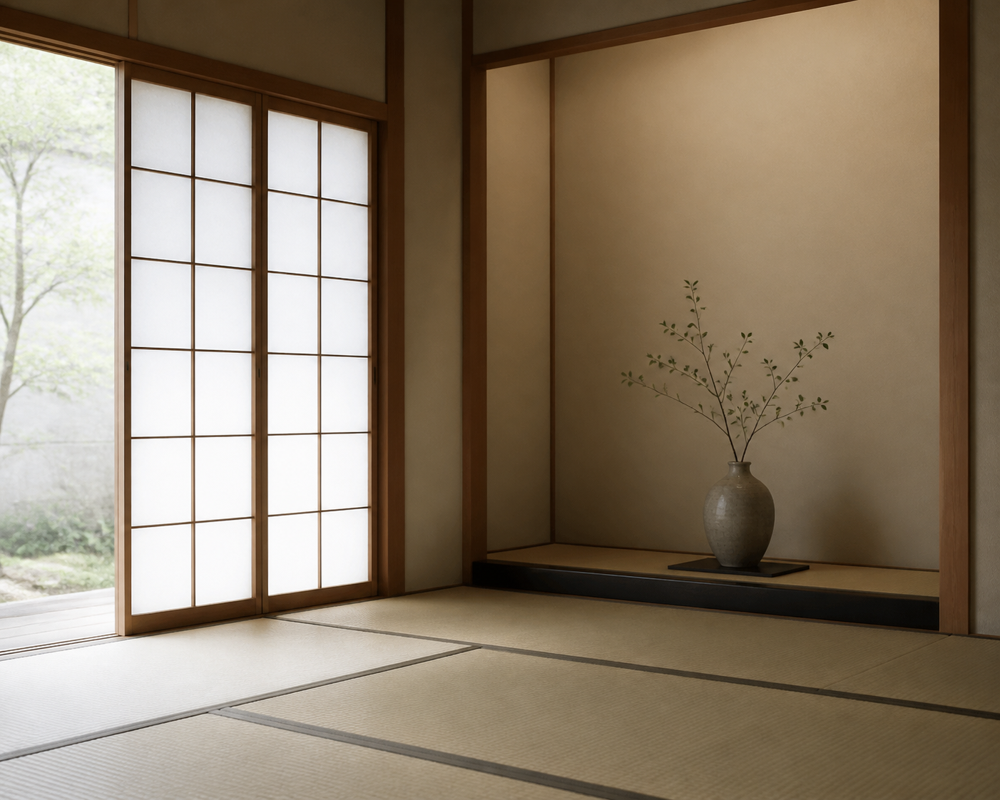 a minimal japanese interior with tatami, shoji screens, and a single vase, soft diffused daylight