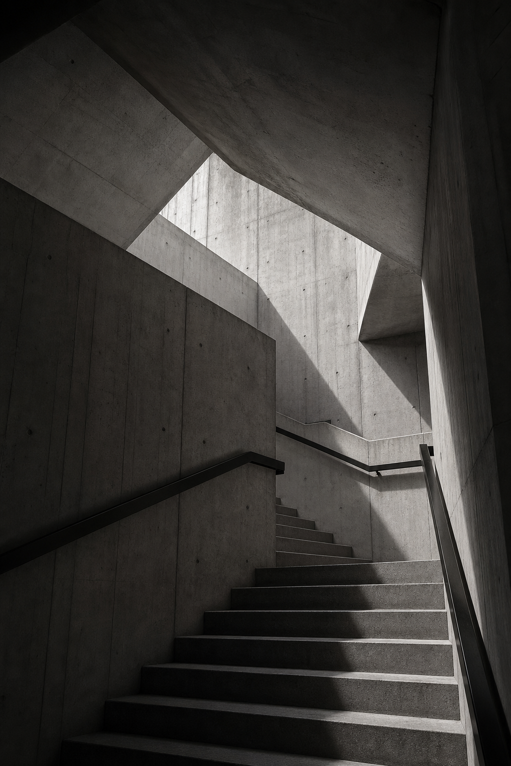 brutalist concrete staircase shot from below, dramatic shadows, architectural photography