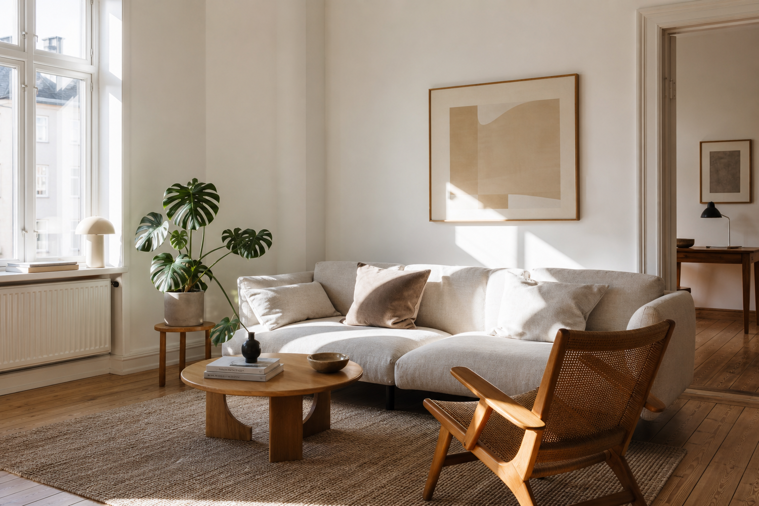 a sunlit scandanavian living room, oak floors, linen sofa, single monstera plant, editorial interior photography