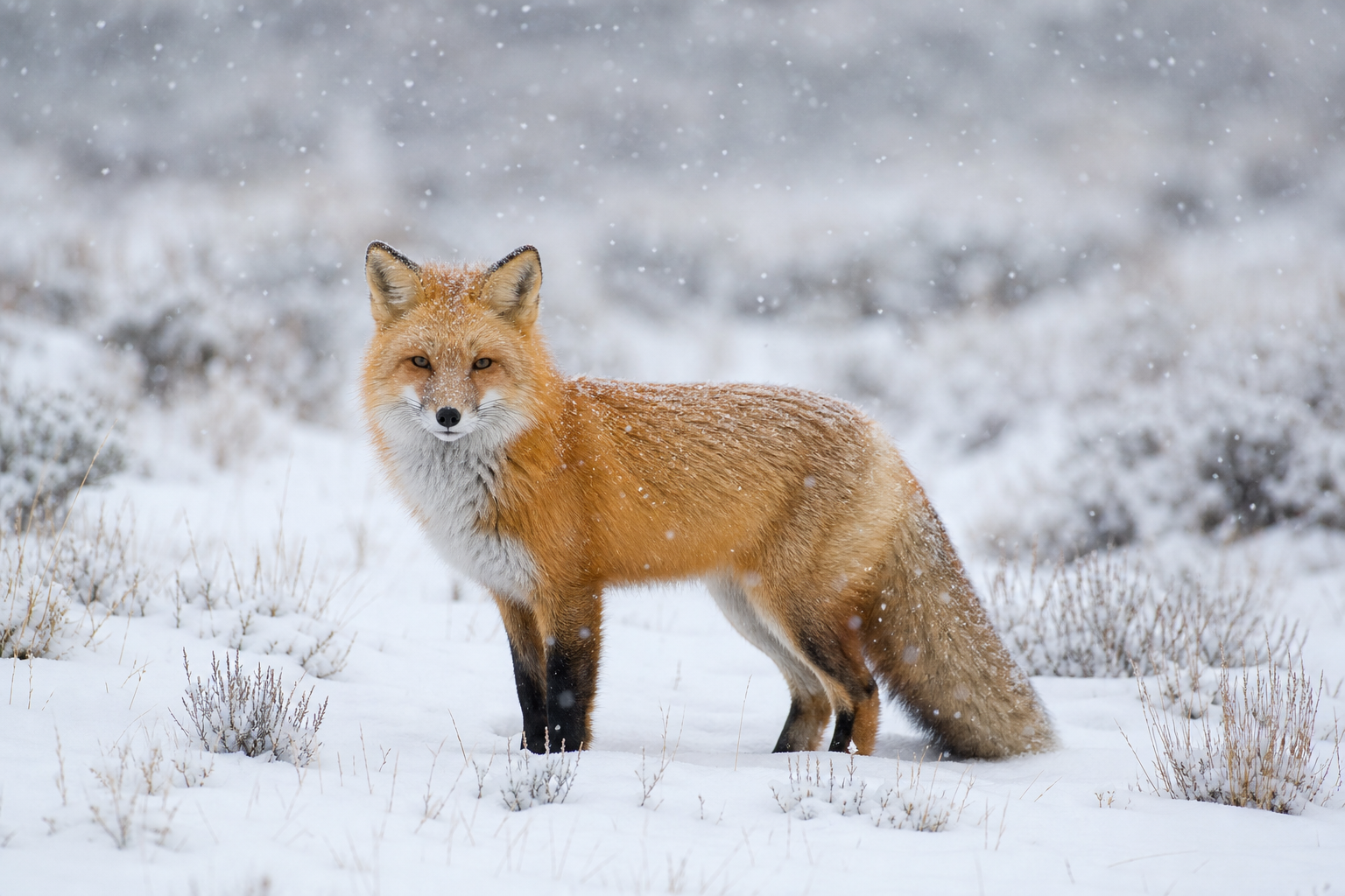 a fox standing in a snow-covered field, sharp focus, soft falling snow, national geographic style