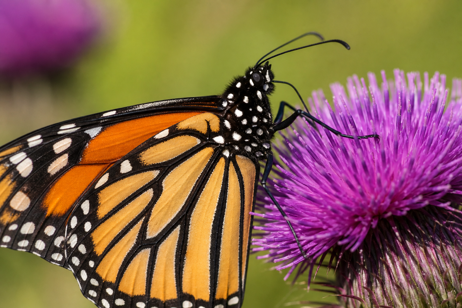 close-up of a monarch butterfly on a purple thistle, vibrant colors, macro nature photography