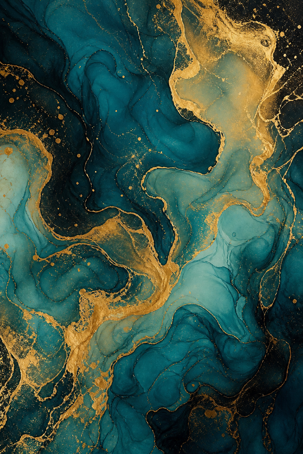 abstract flowing ink in deep teal and gold, swirling organic patterns, high detail, art print