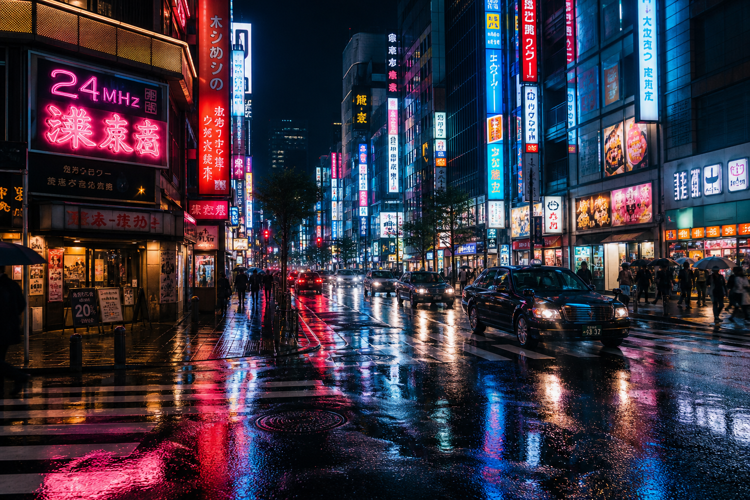a rainy tokyo street at night, neon reflections on wet pavement, atmospheric, cinematic