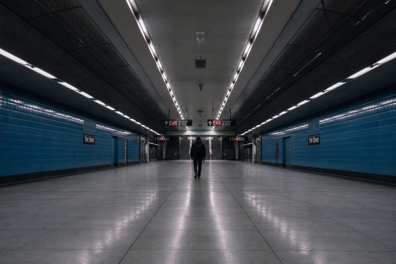 an empty subway station with a single figure walking, symmetrical composition, urban photography