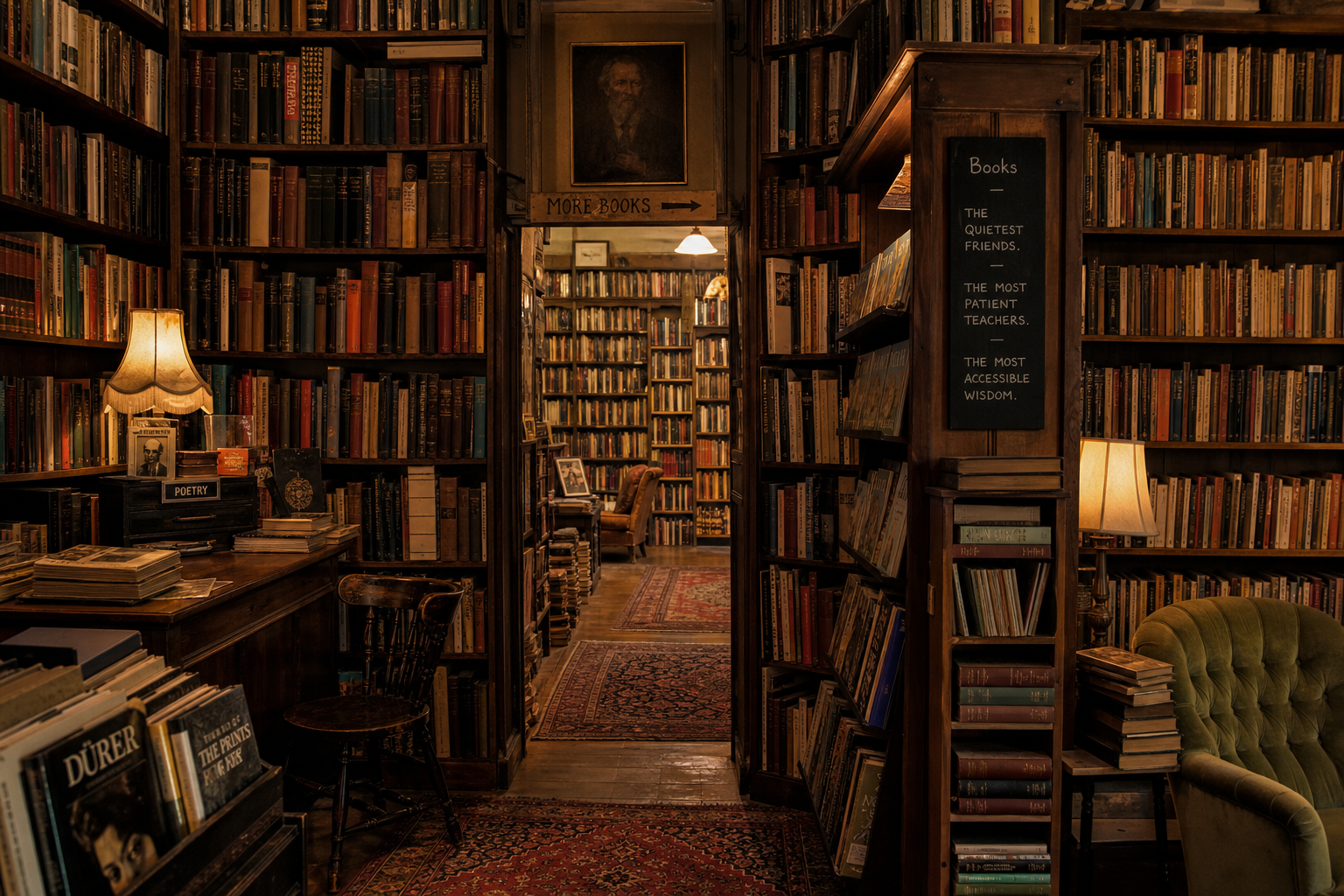 vintage bookstore interior, floor to ceiling shelves, warm lamp light, cozy atmosphere