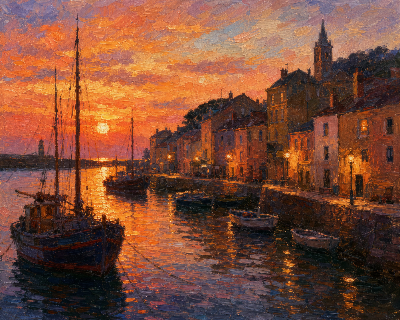 an oil painting of a quiet harbor at dusk, impressionist style, visible brushstrokes, warm palette