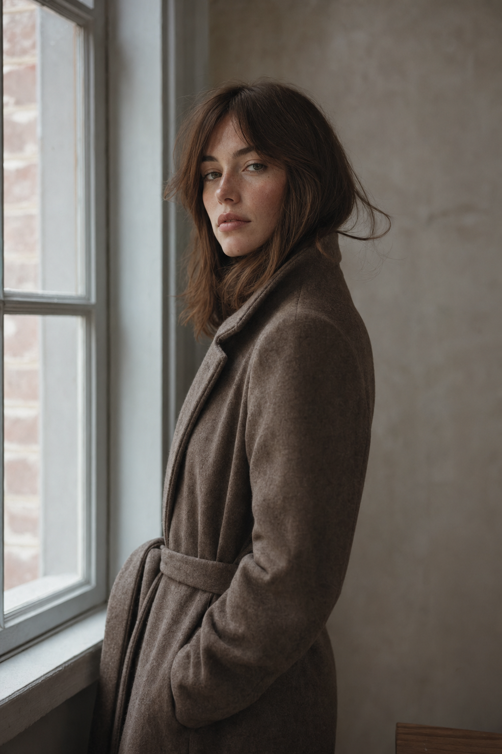 editorial portrait of a woman in a tailored wool coat, soft window light, muted warm tones, shot on 85mm film
