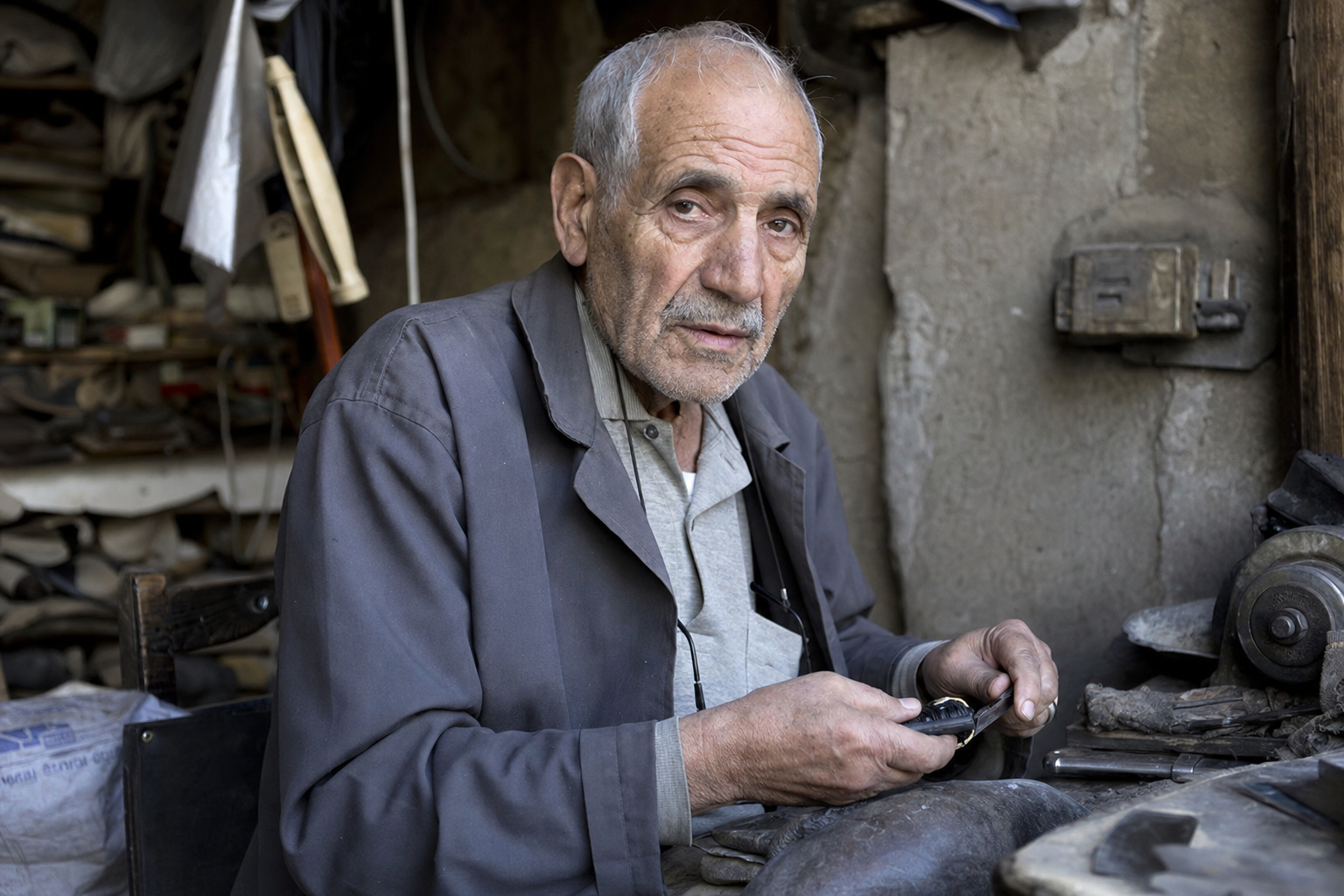 candid street portrait of an elderly craftsman in his workshop, natural light, documentary photography style