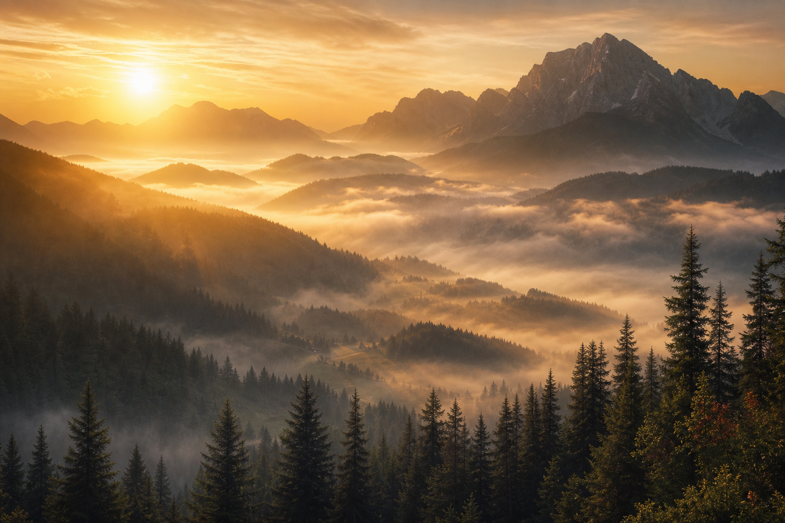 misty mountain valley at sunrise, layers of fog rolling through pine forest, cinematic wide shot, warm gold light
