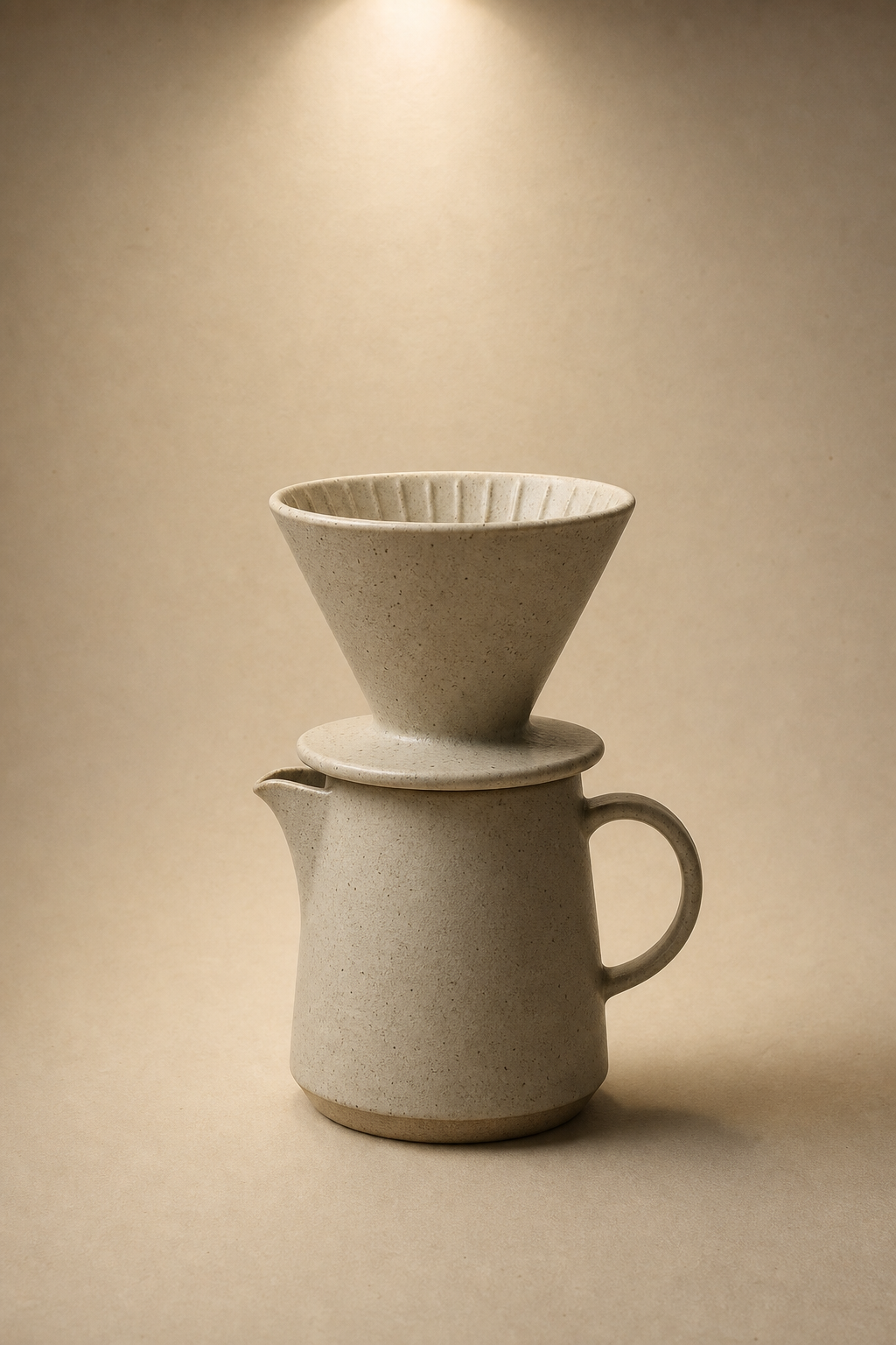 minimalist product shot of a ceramic pour-over coffee maker on warm bone paper, single overhead light, editorial