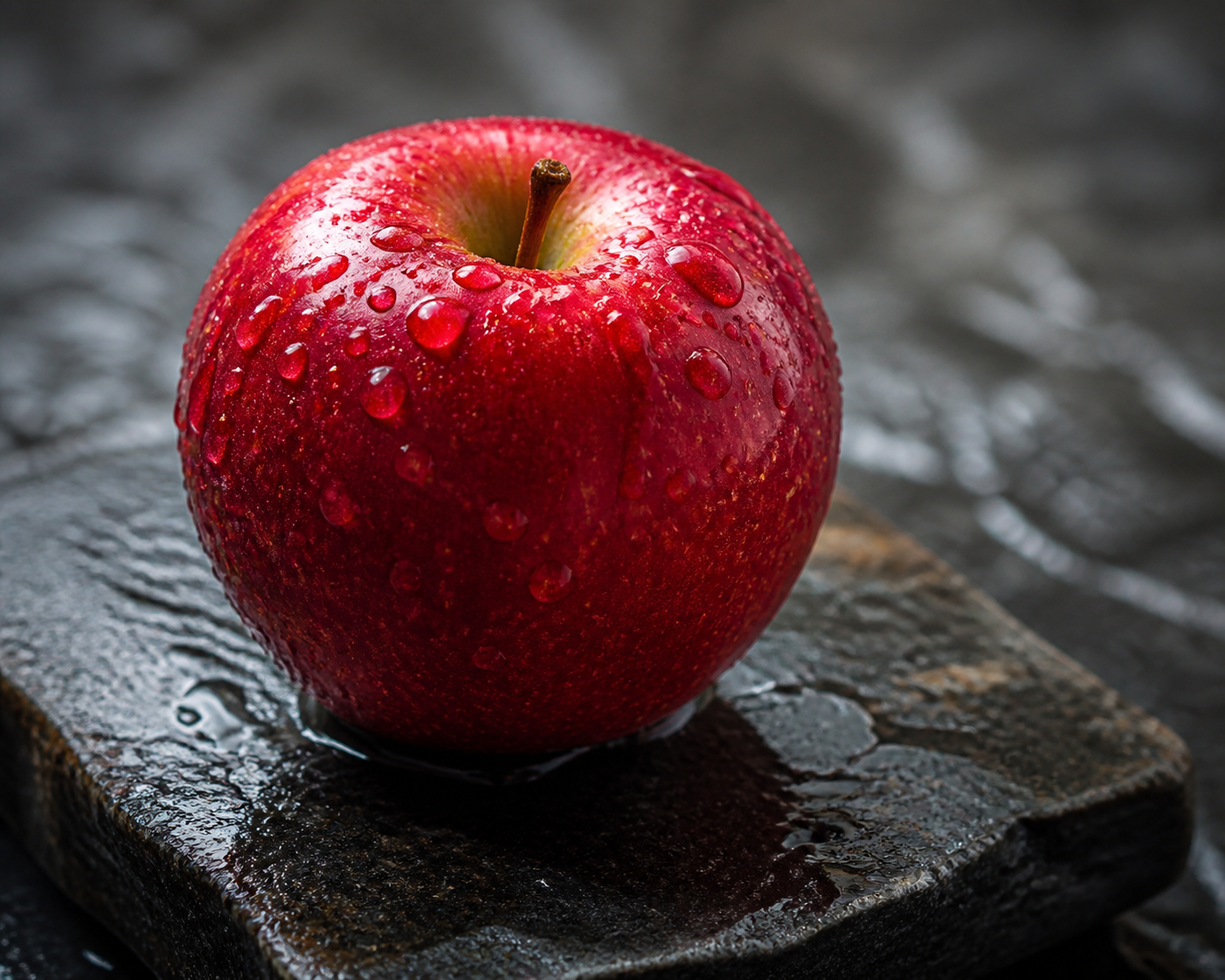 a single red apple on a wet stone surface, water droplets, macro studio photography, shallow depth of field