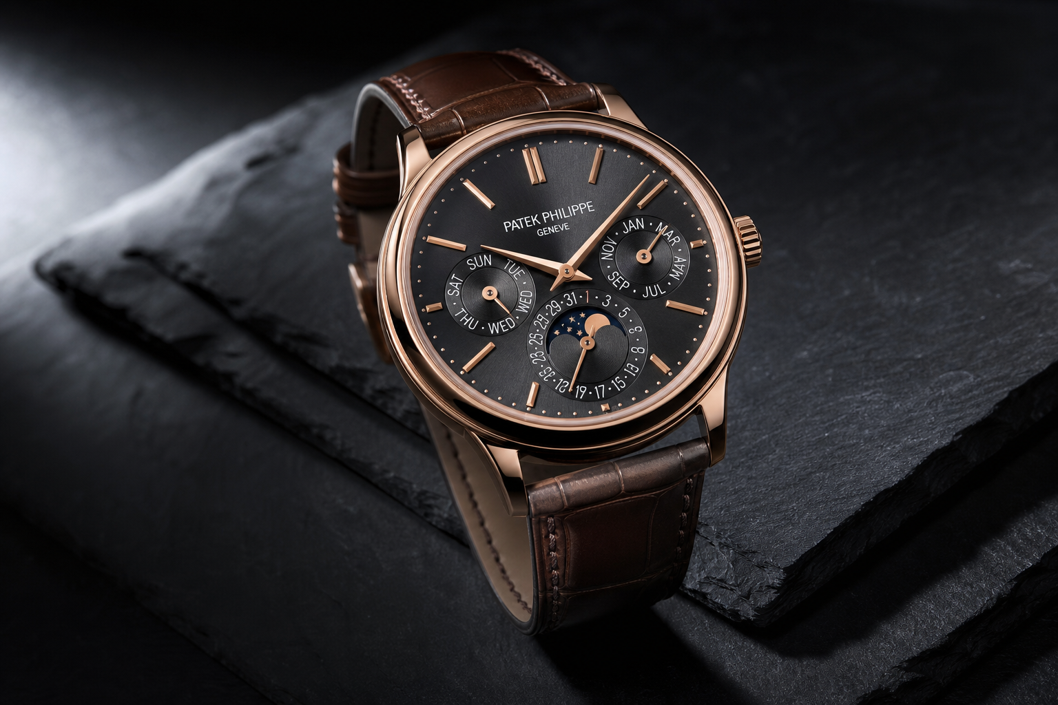luxury watch on dark slate, dramatic side lighting, premium advertising photography