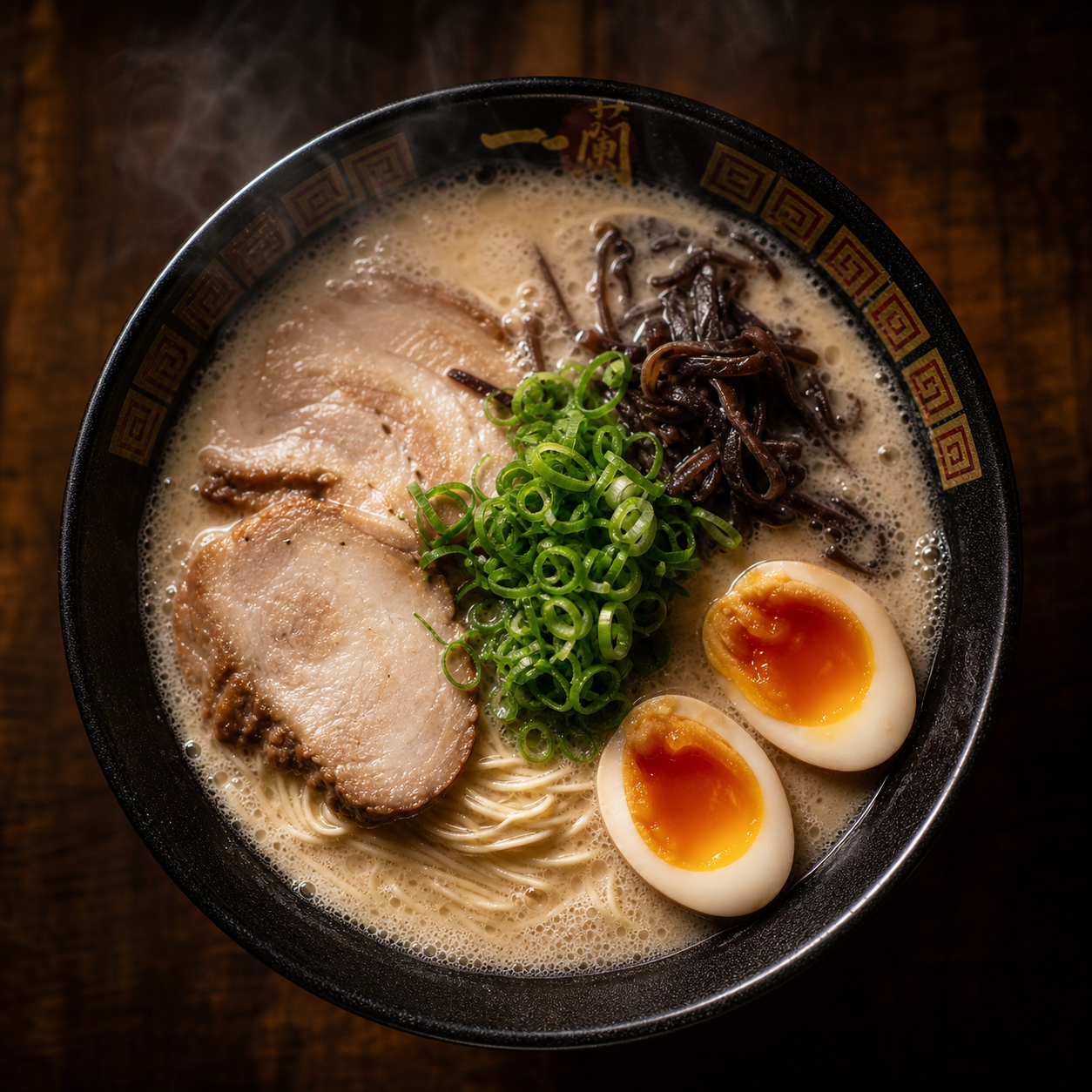 a bowl of ramen photographed from above, steam rising, rich tonkotsu broth, moody restaurant lighting