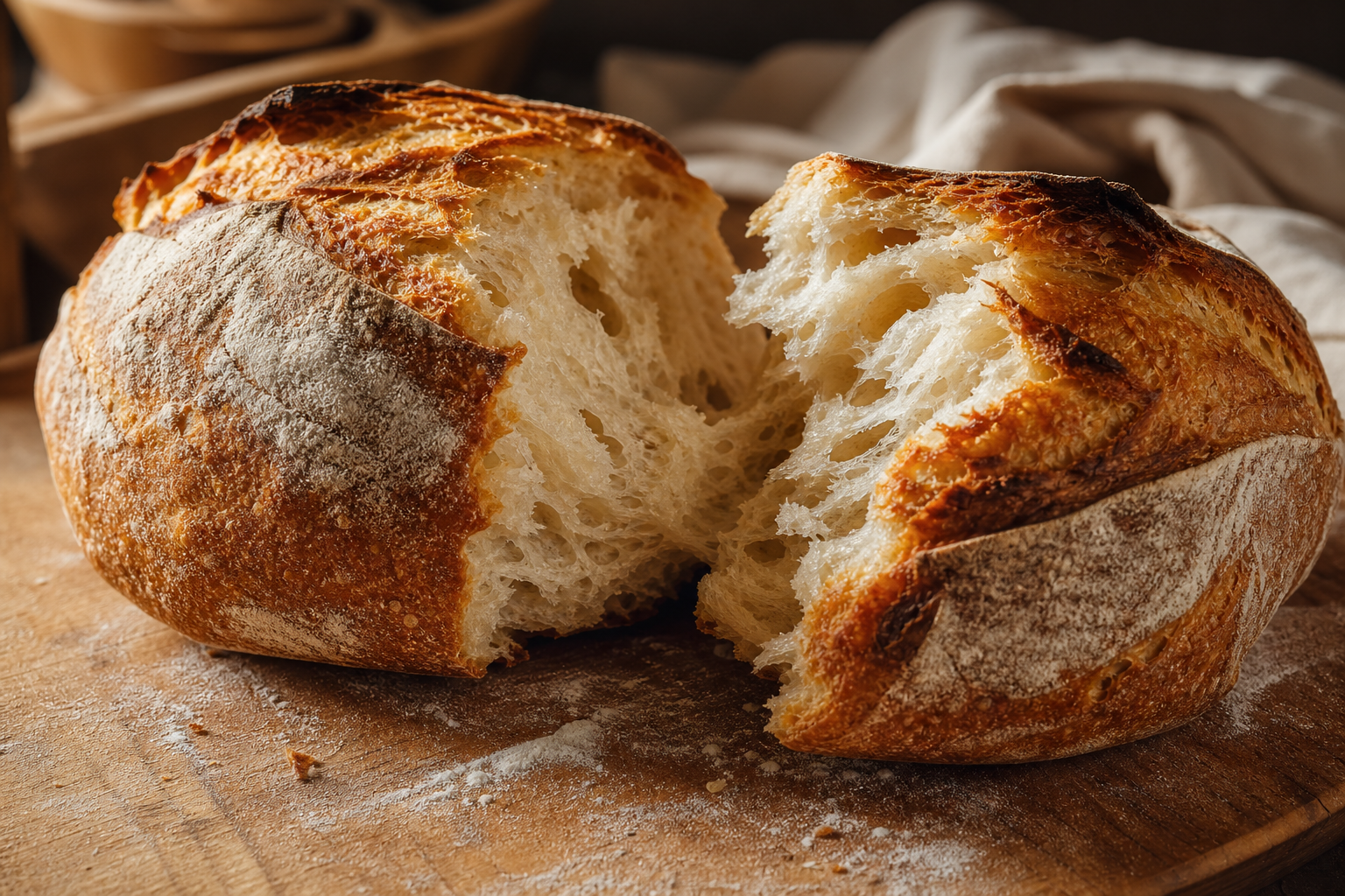 fresh sourdough bread torn open on a wooden board, flour dust, warm bakery light, food photography