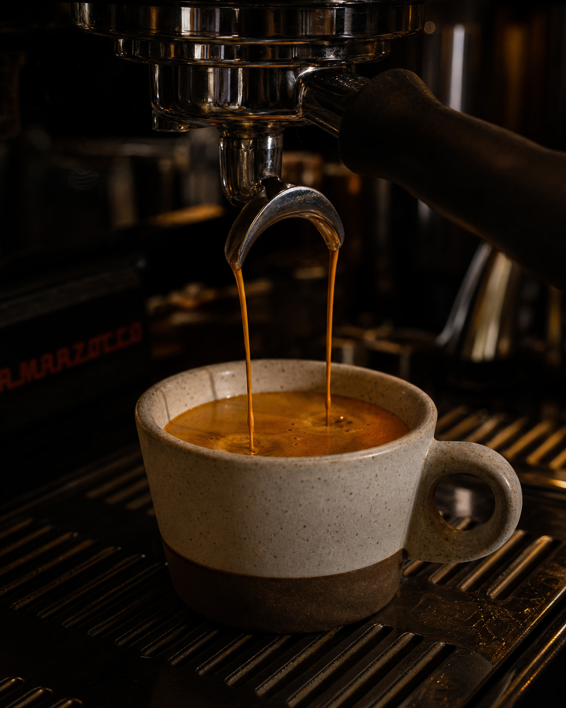 an espresso being pulled into a ceramic cup, golden crema, dark moody coffee bar background