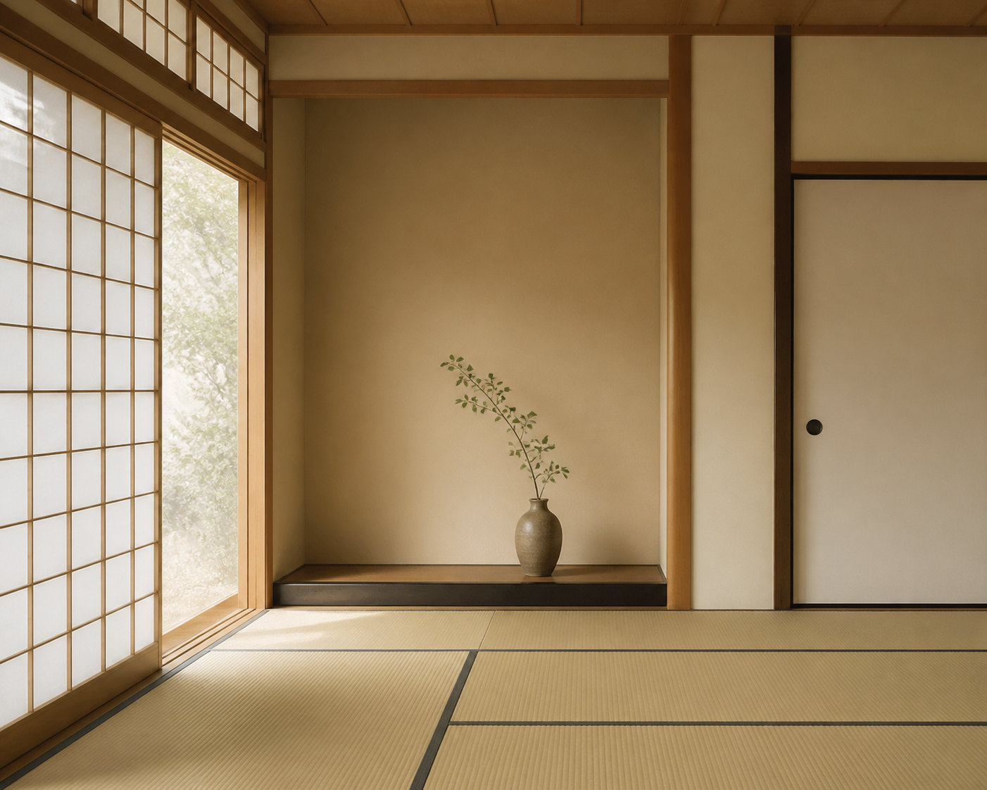 a minimal japanese interior with tatami, shoji screens, and a single vase, soft diffused daylight
