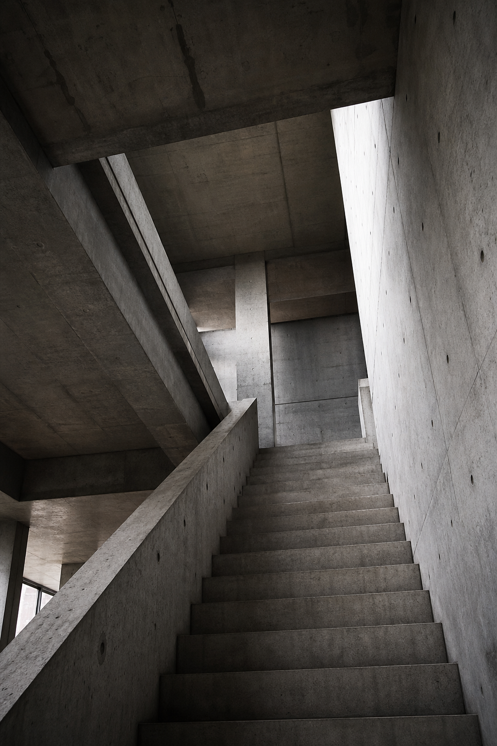 brutalist concrete staircase shot from below, dramatic shadows, architectural photography