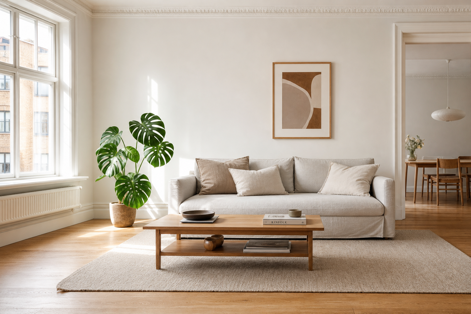 a sunlit scandanavian living room, oak floors, linen sofa, single monstera plant, editorial interior photography