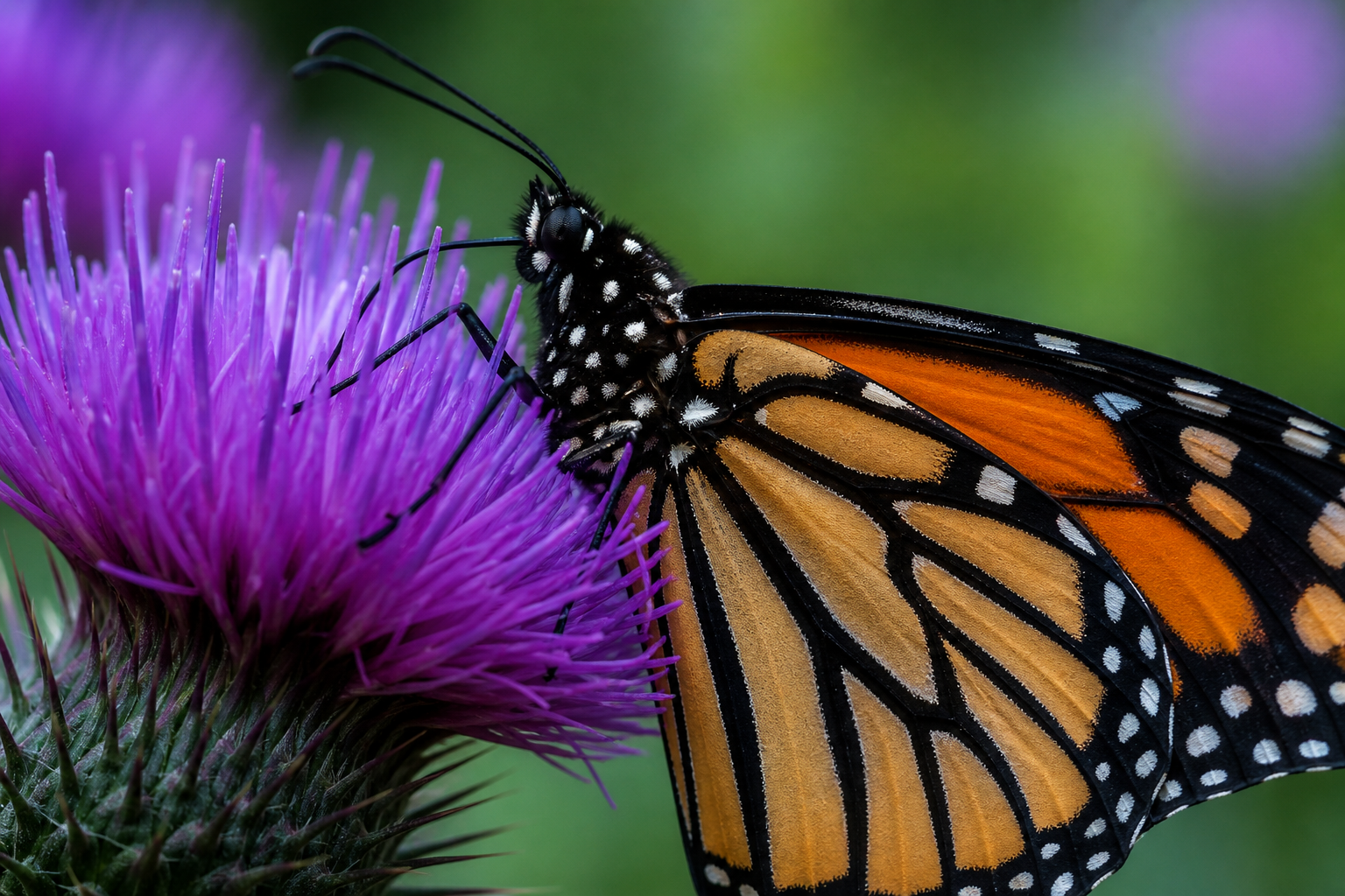 close-up of a monarch butterfly on a purple thistle, vibrant colors, macro nature photography