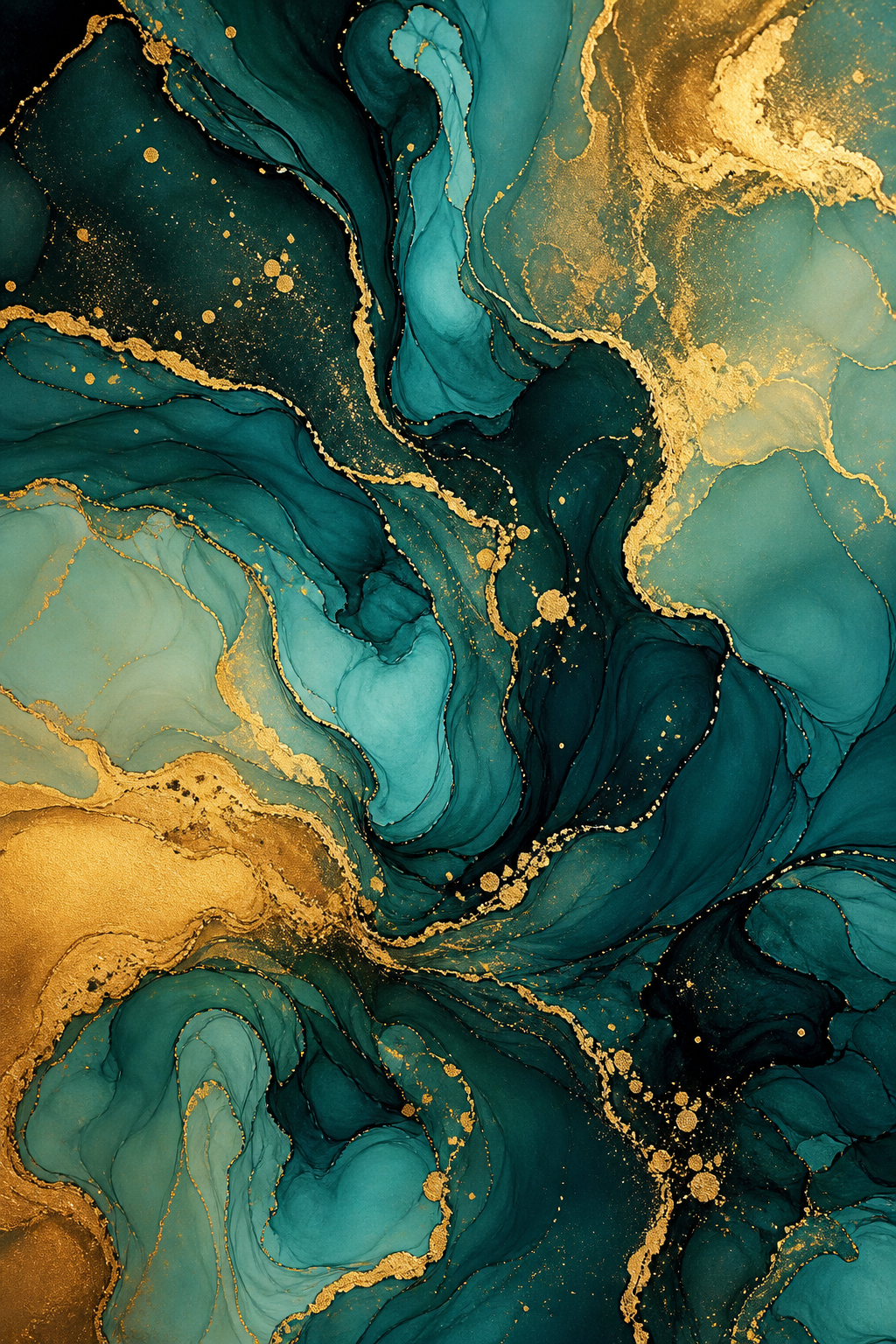 abstract flowing ink in deep teal and gold, swirling organic patterns, high detail, art print