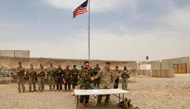 Handover ceremony at Camp Anthonic, from U.S. Army to Afghan Defense Forces in Helmand province, Afghanistan