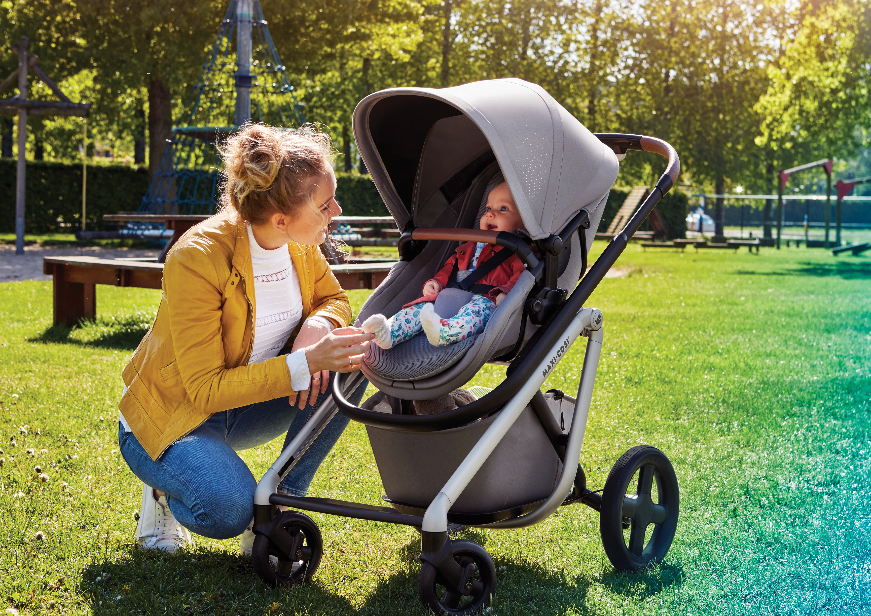 Stroller. Мама с детской коляской. Materials for Baby Stroller. Home Pushchair. Mum with a Kid in a Baby Stroller a shopping Center.