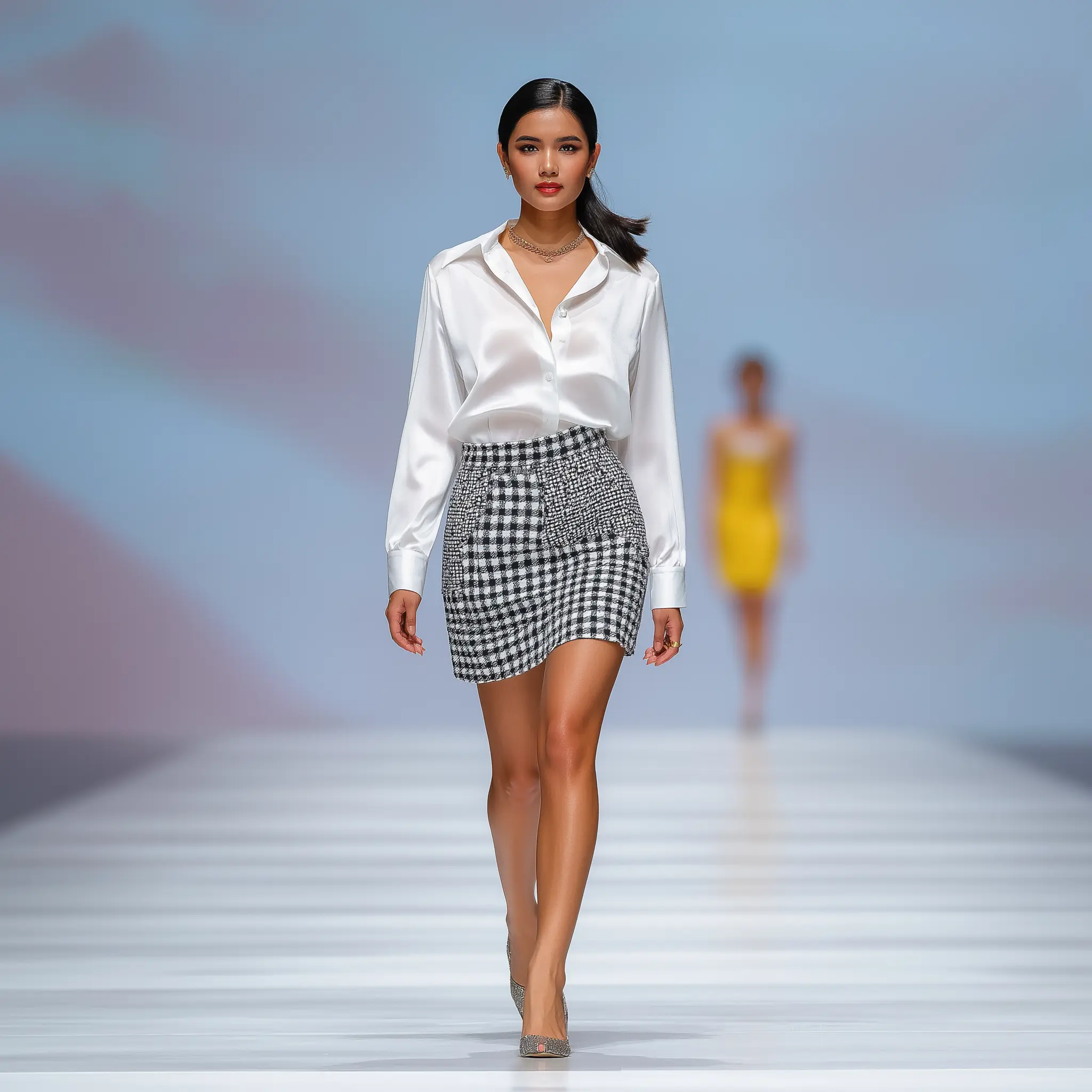 A Female model wearing a white blouse and checked skirt at a fashion show manufactured by Comtex