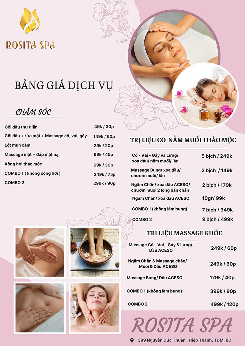 Bảng giá các dịch vụ spa của Rosita