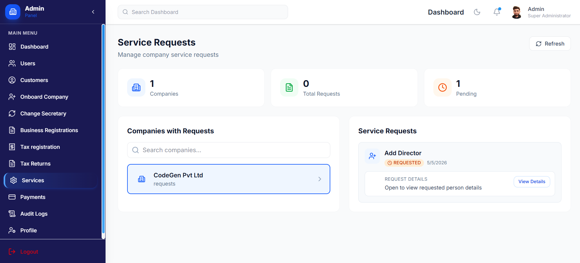 Post-Registration Service Management screenshot 2