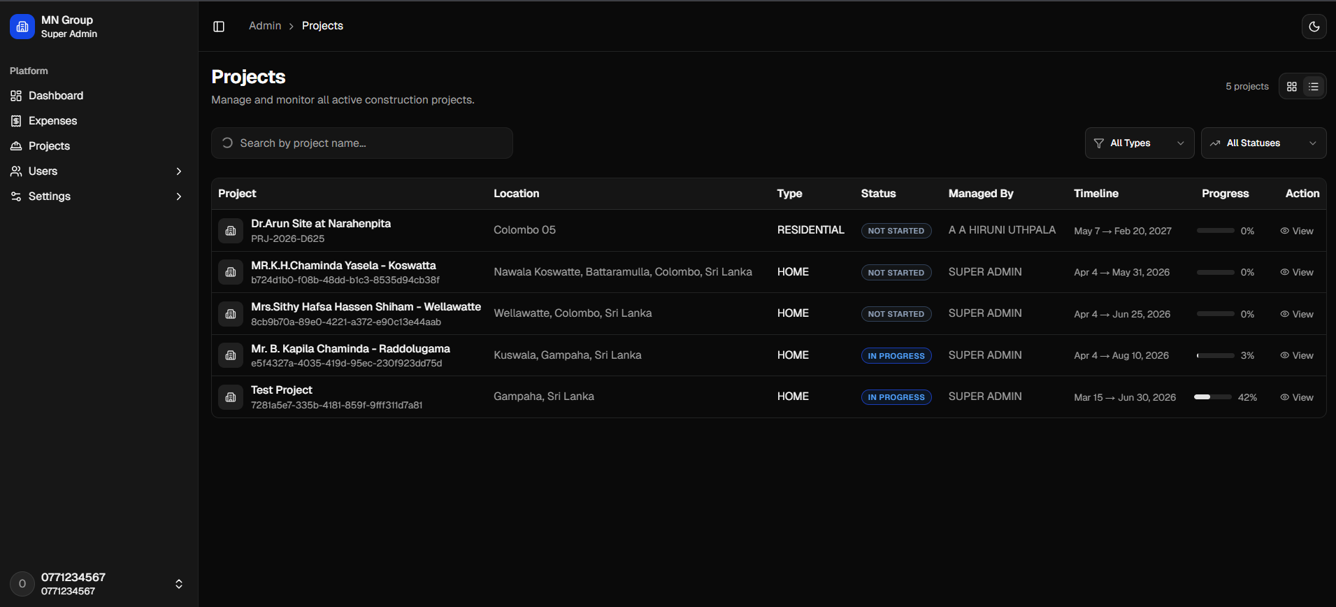 Projects Management screenshot 1