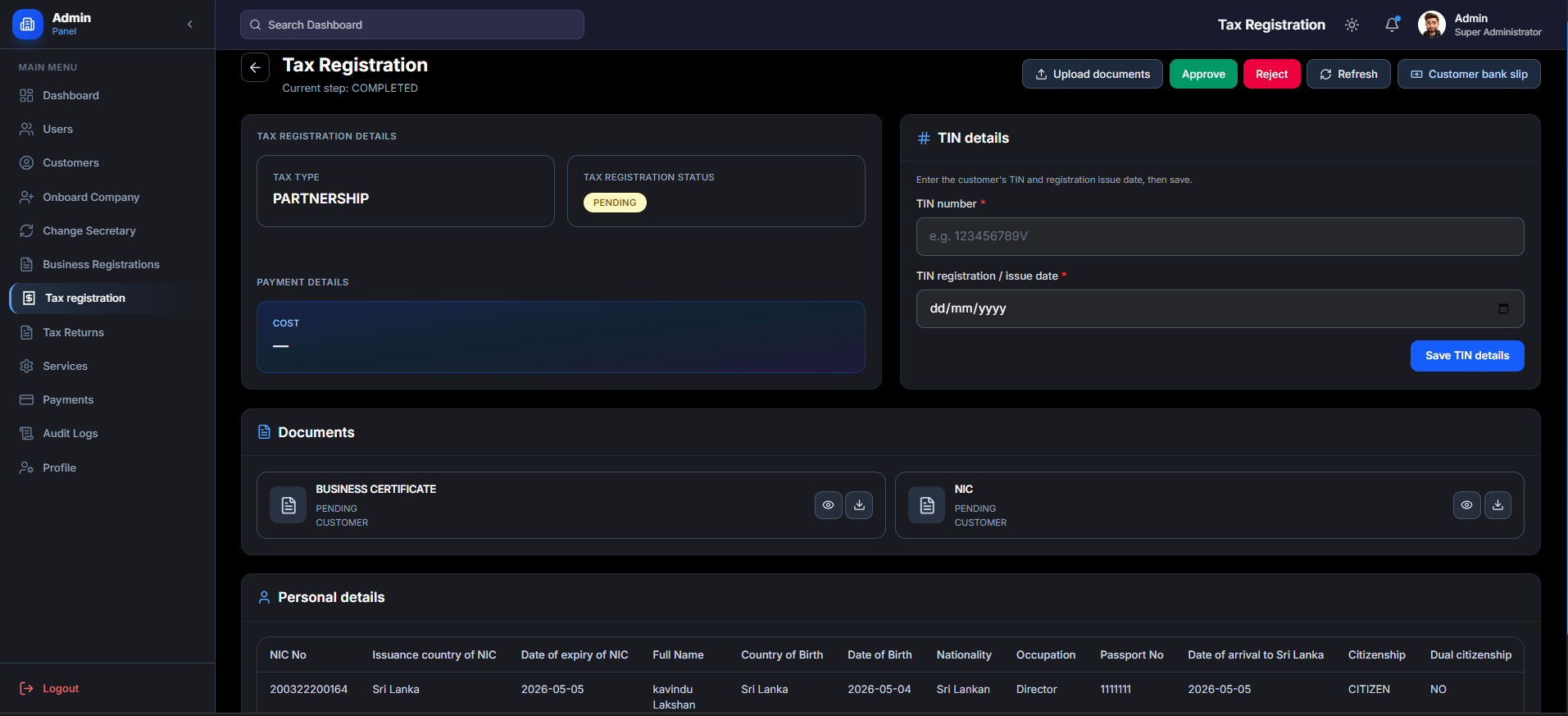 Admin Tax Registration Review Panel screenshot 3