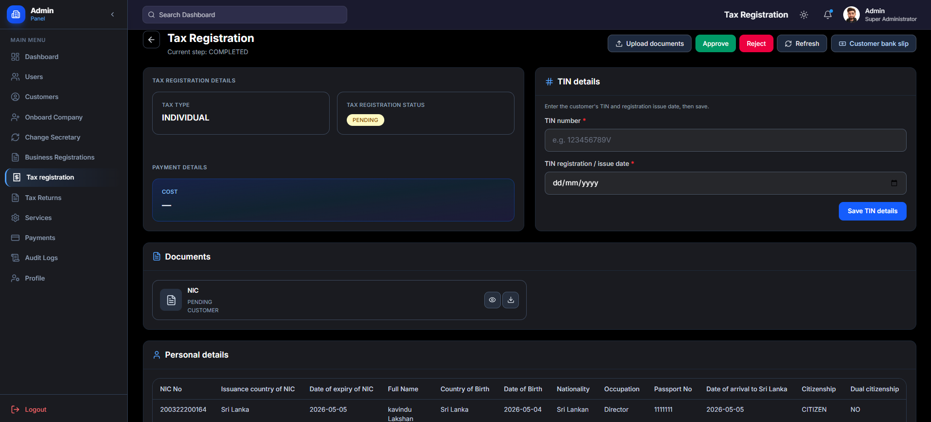 Admin Tax Registration Review Panel screenshot 1