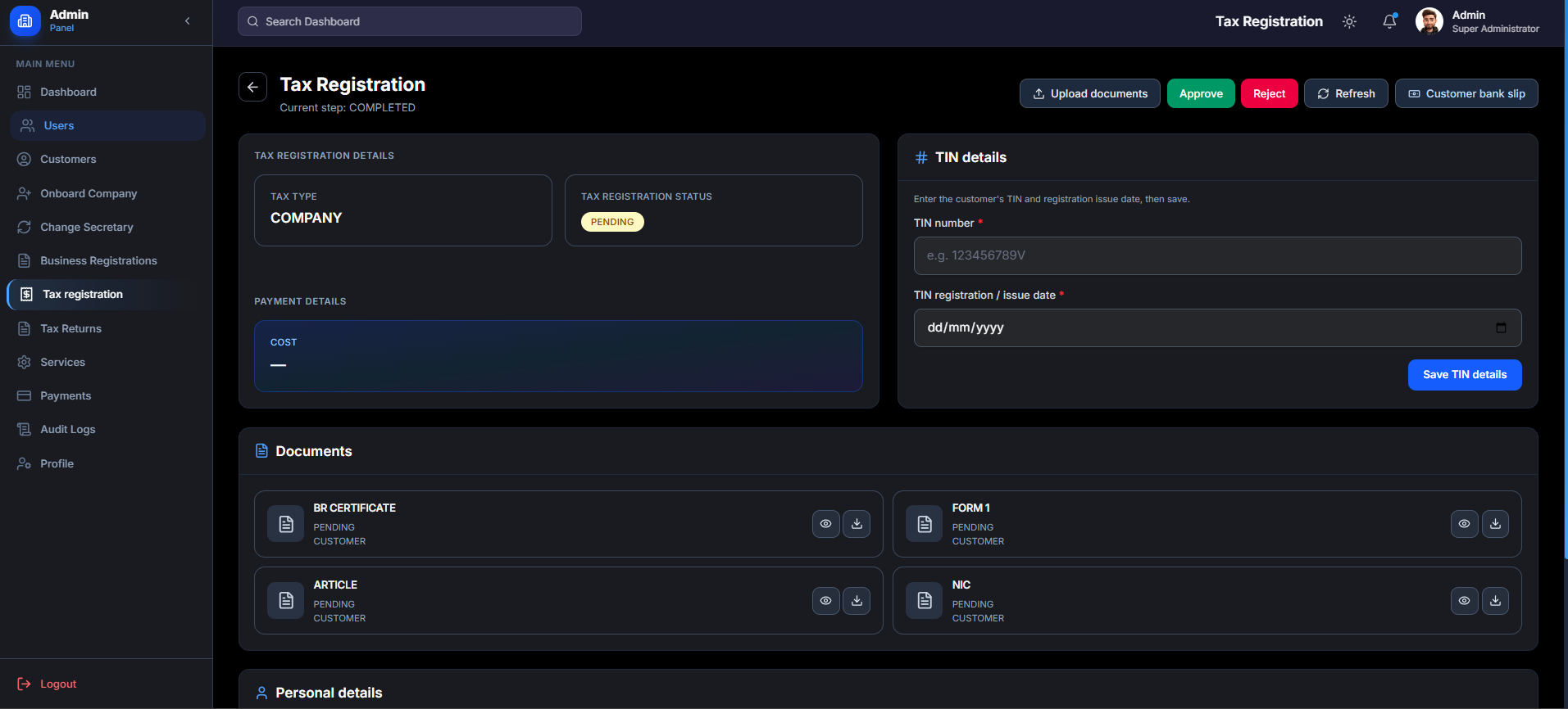 Admin Tax Registration Review Panel screenshot 2