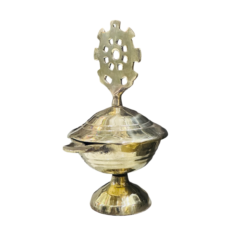 Traditional Brass Oil Lamp with Dharamachakra